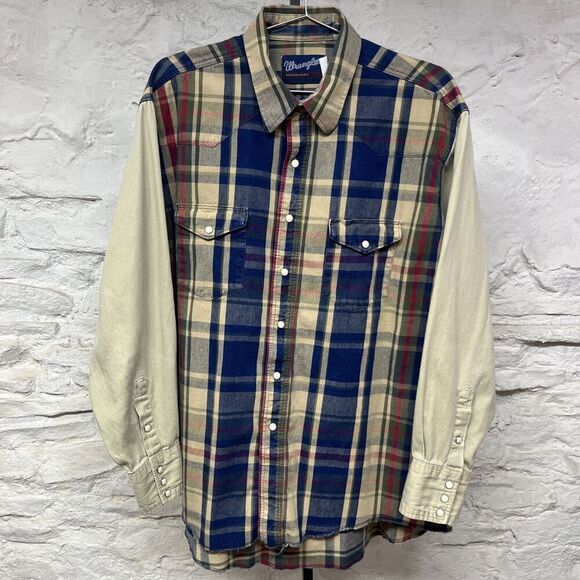 Wrangler Pearl Snap Western Rodeo Cowboy Brushpopper Twill Shirt Size 17.5 - 35 - Picture 1 of 6